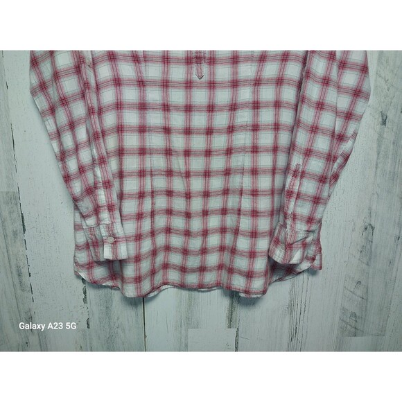 Eddie Bauer Women's Medium Collarless Red Plaid Shirt - Picture 2 of 5